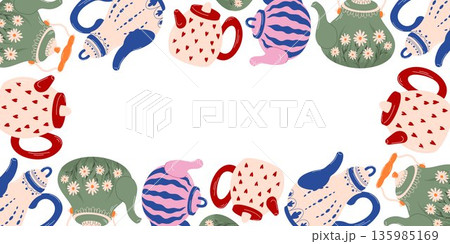 Pattern with decorative teapot and kettle in cozy flat style. Colorful illustration for kitchen decor, packaging, textile and stationery. Pattern with decorative teapot and kettle in cozy flat style. Colorful illustration for kitchen decor, packaging, textile and stationery. 135985169