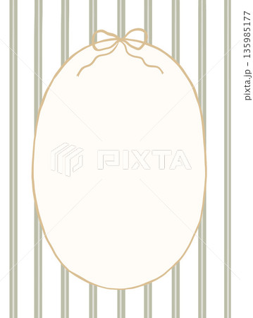 Watercolour green striped background with oval empty space decorated with coquette bow, for cards and invitations. Cottagecore 135985177