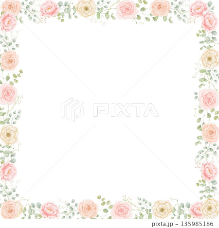 Square floral frame, watercolour isolated template with pink roses flowers Square floral frame, watercolour isolated template with pink roses flowers 135985186