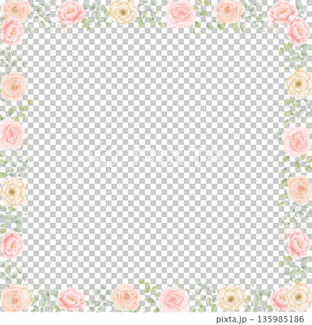 Square floral frame, watercolour isolated template with pink roses flowers Square floral frame, watercolour isolated template with pink roses flowers 135985186
