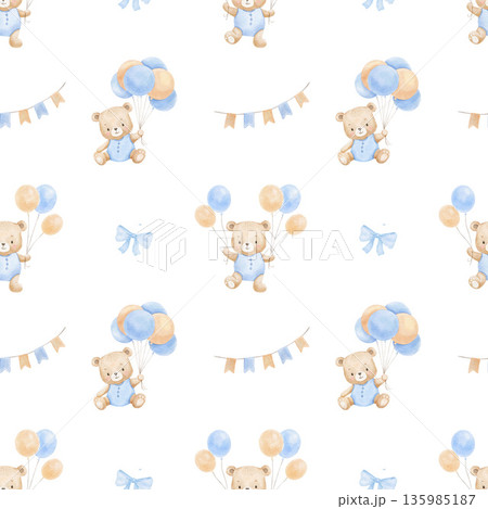 Seamless pattern with bear with birthday balloons, hand drawn illustrations on white background 135985187