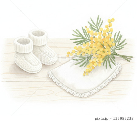 ミモザシリーズ:白いベビーシューズとスタイとミモザの出産祝いイメージ ミモザシリーズ:白いベビーシューズとスタイとミモザの出産祝いイメージ 135985238