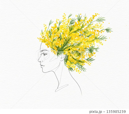 ミモザシリーズ：ミモザの花が髪の毛になった女性の横顔アートイラスト 135985239