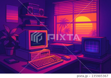 Retro 80s room with vintage computer, cassette player and sunset view, evoking nostalgia and vintage futuristic vibe. 135985367