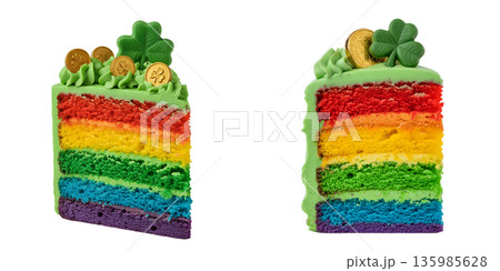 Festive rainbow cake slice decorated with a shamrock and gold coins for st. patrick's day, perfect for holiday parties and bakeries 135985628