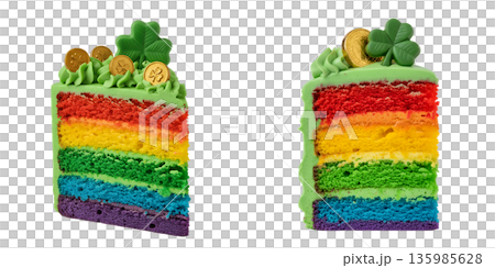 Festive rainbow cake slice decorated with a shamrock and gold coins for st. patrick's day, perfect for holiday parties and bakeries 135985628