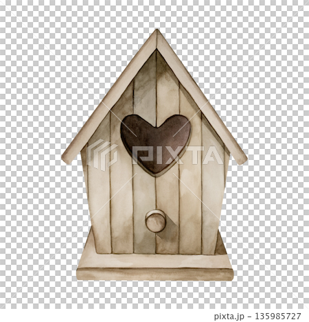 Wooden birdhouse vintage nesting box with heart shaped hole. Watercolor hand drawn illustration isolated on white background in rural style for Easter decor spring design cottagecore card poster print 135985727