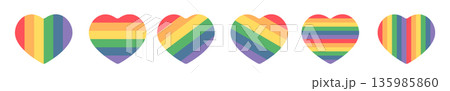 LGBT pride rainbow heart set, colorful stripe pattern heart icons for equality, diversity and inclusion awareness isolated on white background. LGBT pride rainbow heart set, colorful stripe pattern heart icons for equality, diversity and inclusion awareness isolated on white background. 135985860