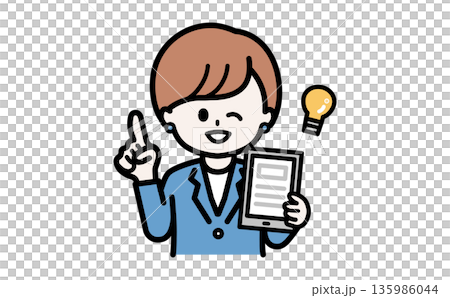 銀行や公共機関のIT化プロジェクトで解決策を提案する女性スタッフ。タブレットとひらめきのアイコン。 135986044
