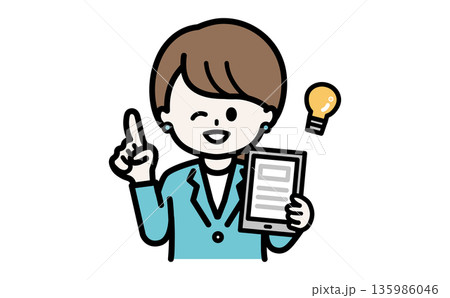 SaaS導入や最新テックの活用法をひらめいた女性。タブレットを持つモダンなビジネスイラスト。 135986046