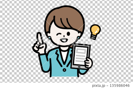 SaaS導入や最新テックの活用法をひらめいた女性。タブレットを持つモダンなビジネスイラスト。 135986046