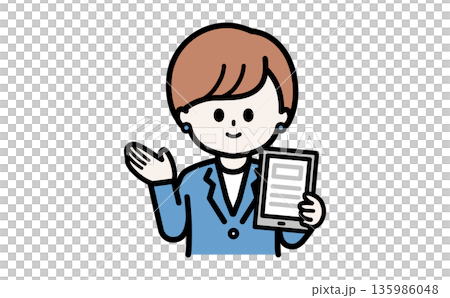 A woman in a trustworthy blue uniform provides guidance on the introduction of digital transformation. This image shows the promotion of digital transformation for financial institutions and corporations. 135986048