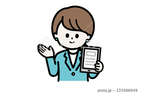 最新のクラウドサービスやDXアプリを案内する女性。スタートアップやSaaS企業の広告用素材。 135986049