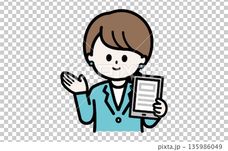 最新のクラウドサービスやDXアプリを案内する女性。スタートアップやSaaS企業の広告用素材。 135986049