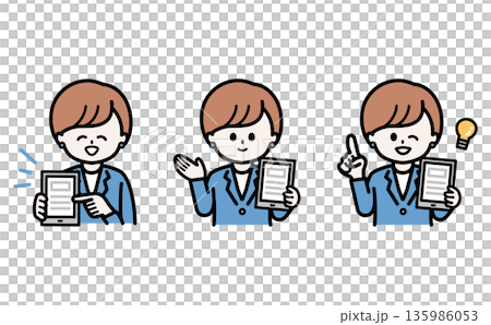 一組三幅女性員工的姿勢圖，用於講解數位轉型推廣和資訊科技應用。適用於銀行和企業的商業提案資料插圖。 135986053