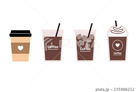 カフェのテイクアウト用コーヒーカップのベクターイラストセット。ストロー付きのカップ。 135986212