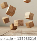 Abstract Decision Making Concept with Floating Wooden Cubes, Balance and Uncertainty, Minimal 3D Render, Generative AI 135986216