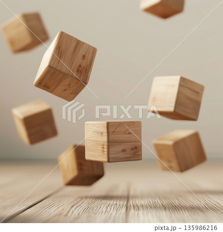 Abstract Decision Making Concept with Floating Wooden Cubes, Balance and Uncertainty, Minimal 3D Render, Generative AI 135986216
