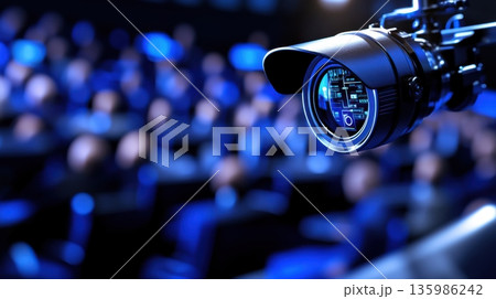 Courtroom security system using facial recognition technology with floating camera and UI overlays in deep black and blue palette. Judge gavel and binary code 135986242