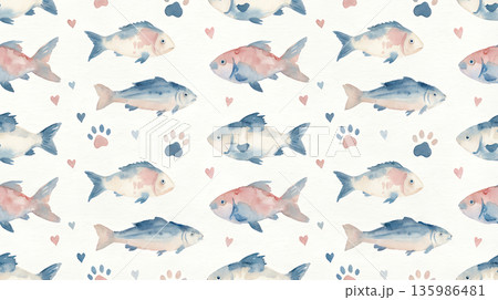 水彩の魚と肉球とハートのシームレスパターン 水彩の魚と肉球とハートのシームレスパターン 135986481