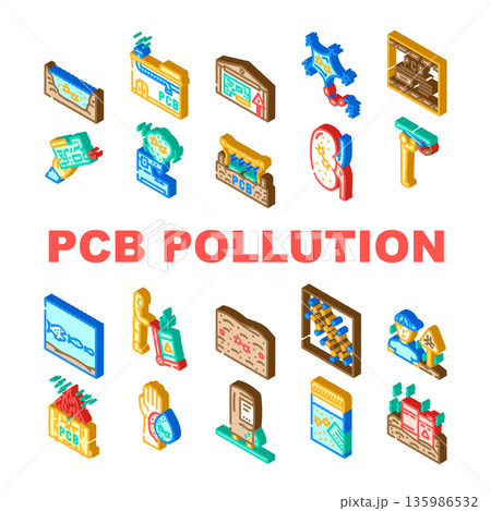 Pcb pollution collection showing environmental and health risks Pcb pollution collection showing environmental and health risks 135986532
