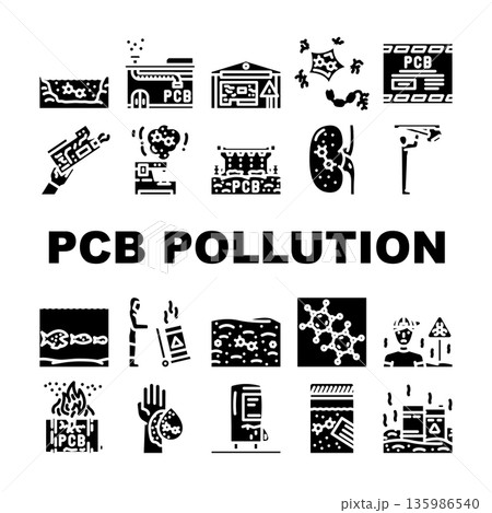 Pcb pollution environmental hazard industrial waste chemicals icons Pcb pollution environmental hazard industrial waste chemicals icons 135986540
