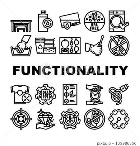 Product functionality features and properties outline icons 135986550