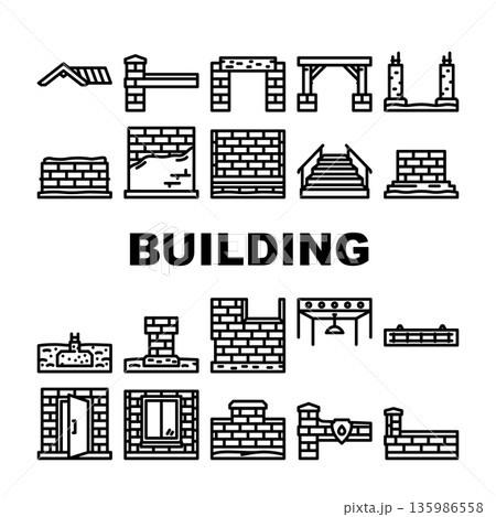 Building elements and construction structures line icons 135986558