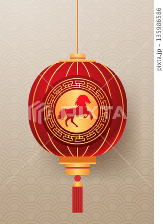 Red lantern Fire Horse 2026 Chinese New Year celebration gold horse emblem ornate pattern festive background traditional decoration Red lantern Fire Horse 2026 Chinese New Year celebration gold horse emblem ornate pattern festive background traditional decoration 135986586