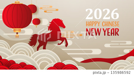 Fire Horse Chinese New Year 2026 celebration red horse lanterns clouds abstract waves beige background festive banner 135986592