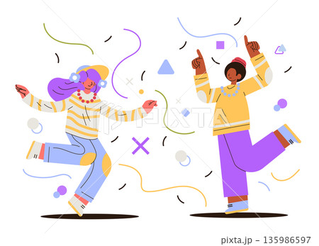 People celebrating Fire Horse 2026 joyful dance festive confetti abstract shapes colorful outfits modern flat style white background People celebrating Fire Horse 2026 joyful dance festive confetti abstract shapes colorful outfits modern flat style white background 135986597