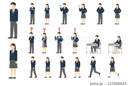 フラットイラスト：高校生セット(冬服) 135986683