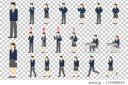 フラットイラスト：高校生セット(冬服) 135986683