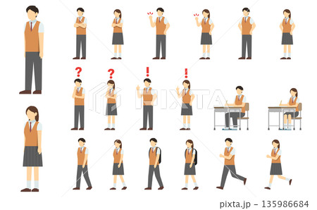 フラットイラスト：高校生セット(夏服) 135986684