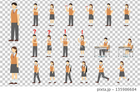 フラットイラスト：高校生セット(夏服) 135986684