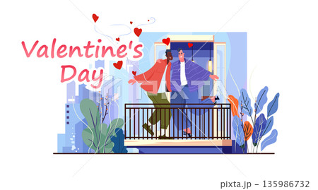 Senior couple Valentine Day celebration romance balcony embrace city plants colorful flat design 135986732