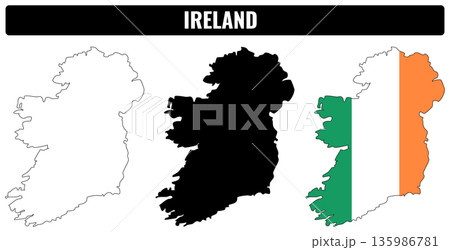 Shapes of Ireland showing outline, filled black, and colored with flag 135986781