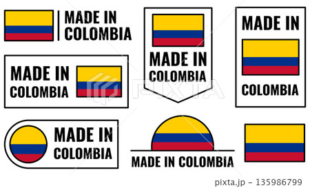 Set of icons representing Colombian products with the national flag 135986799