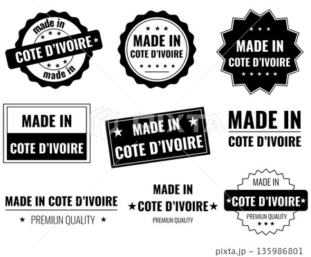 Icons set showing made in Cote D ivoire labels for various products and their emblems Icons set showing made in Cote D ivoire labels for various products and their emblems 135986801