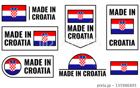 Icons set showing Made in Croatia emblems and product labels featuring national flag Icons set showing Made in Croatia emblems and product labels featuring national flag 135986805