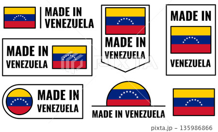 Icons set featuring Venezuela product emblems with national flag design elements and text Icons set featuring Venezuela product emblems with national flag design elements and text 135986866