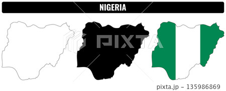 Different shapes of Nigeria showing outline, silhouette, and flag representation 135986869