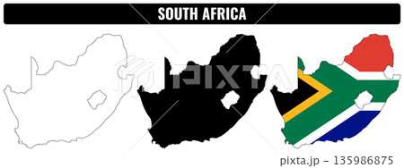 South Africa shapes set showing outline, filled shape, and flag design for educational use 135986875