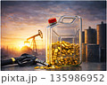 Fuel Canister Filled with Gold Coins at Oil Pump Jack at Sunset, Energy Prices and Inflation Concept, Generative AI 135986952