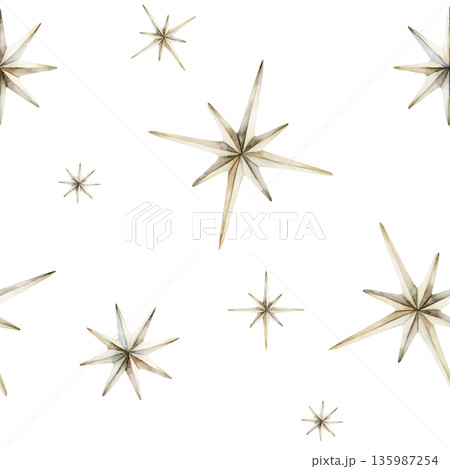 Cute white silver stars seamless pattern on white background. Watercolor hand drawn isolated illustration for nursery textile kids fabric Muslim holiday Ramadan design print wrapping paper Eid Mubarak Cute white silver stars seamless pattern on white background. Watercolor hand drawn isolated illustration for nursery textile kids fabric Muslim holiday Ramadan design print wrapping paper Eid Mubarak 135987254