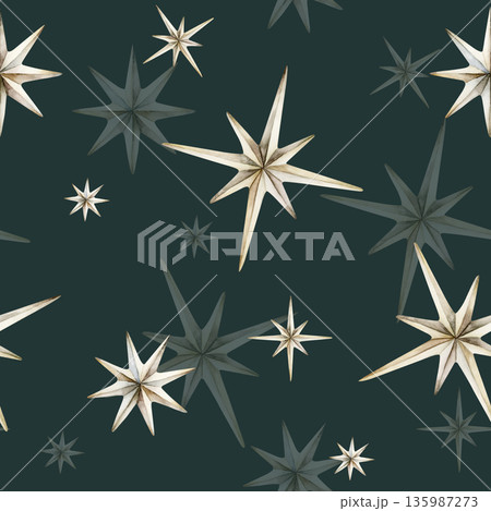 Cute white silver stars seamless pattern on dark green background. Watercolor hand drawn isolated illustration nursery textile kids fabric Muslim holiday Ramadan design print wrapping paper Eid Mubara Cute white silver stars seamless pattern on dark green background. Watercolor hand drawn isolated illustration nursery textile kids fabric Muslim holiday Ramadan design print wrapping paper Eid Mubara 135987273