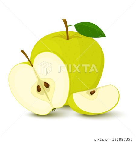 Apple. Composition with whole, half and sliced green apples isolated on white background. Flat cartoon style. Apple. Composition with whole, half and sliced green apples isolated on white background. Flat cartoon style. 135987359