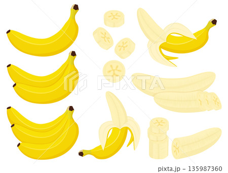Banana set. Whole, half and peeled banana, bunch of bananas and slices of banana isolated on white background, flat cartoon style, vector 135987360