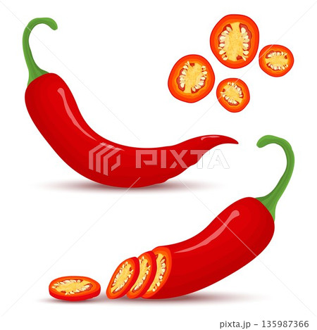 Hot chili pepper isolated on white background. Whole, half and chopped red chili. Vector illustration, flat style. 135987366