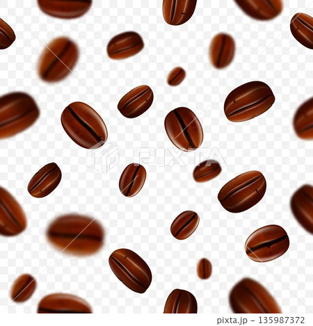 Flying coffee beans background. Seamless realistic brightly flying coffee beans with blur effect. 3d realistic illustration. Transparent background. Vector illustration. Flying coffee beans background. Seamless realistic brightly flying coffee beans with blur effect. 3d realistic illustration. Transparent background. Vector illustration. 135987372